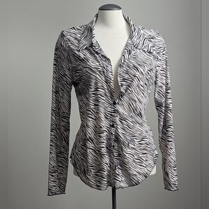 Zebra Stripe Sheer Blouse Long Sleeve Button Front Collared Large Animal Print